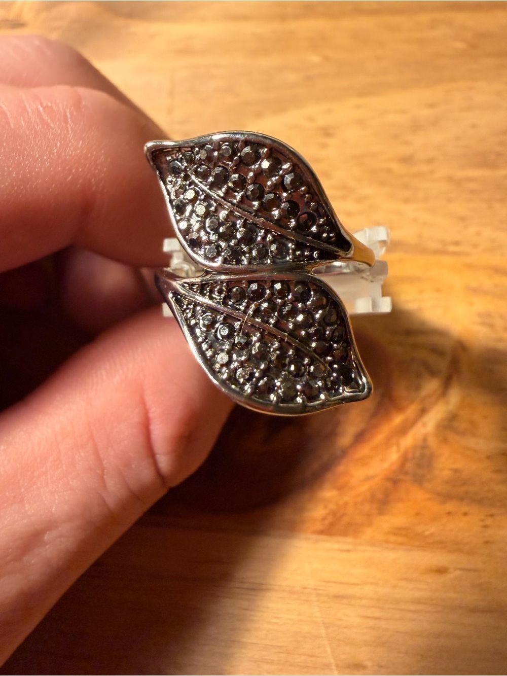 Silver Black Pave Leaf Ring - Elegant Women's Jewelry Size Large
